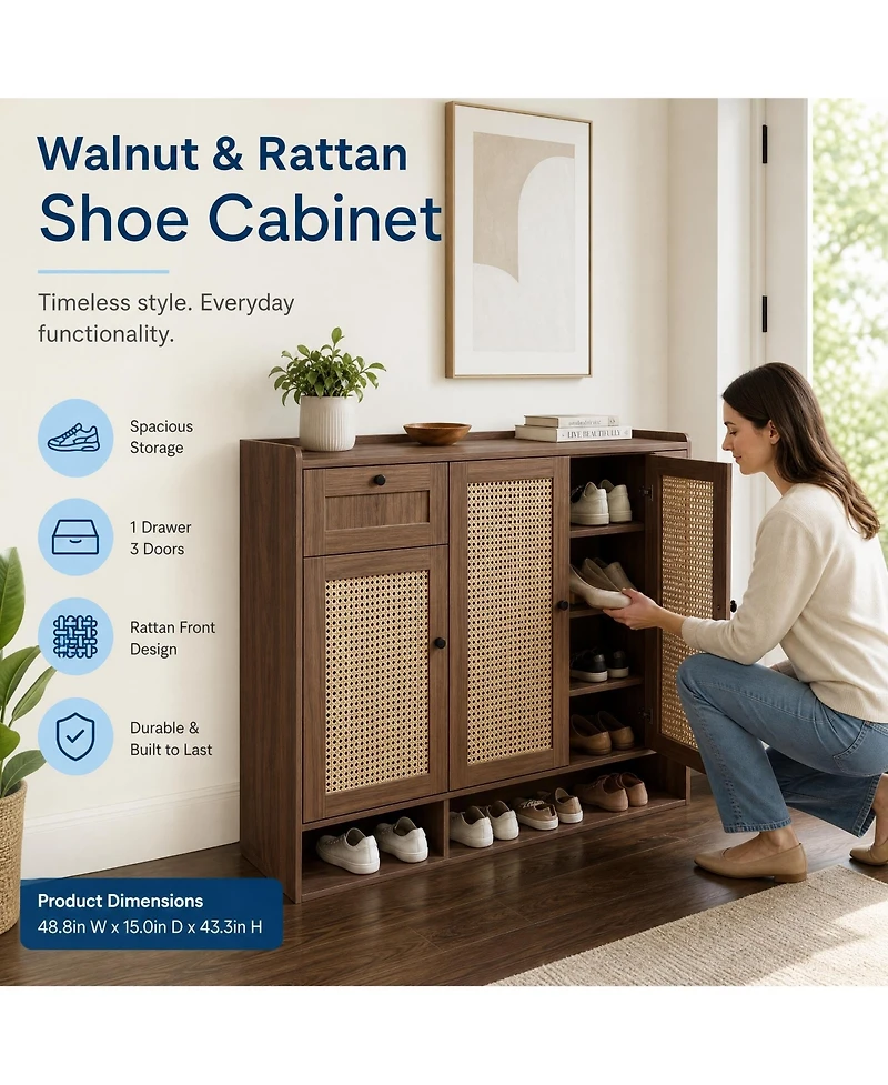 48.8x15.0x43.3in 3 Door 1 Drawer Shoe Cabinet with Rattan Details, Engineered Wood Entryway Storage for Hallway Bedroom, Light/Dark Brown