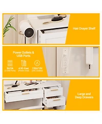 Vanity Desk Mirror and Led Lights, 3 Drawers, Cabinet, Cushioned Chair, Adjustable Brightness, Power Outlet, Hairdryer Holder, Bedroom Small Spaces