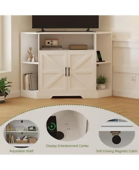 Corner Tv Stand for 55 Inch TVs with Outlet and Barn Doors, Farmhouse Entertainment Center with Adjustable Shelf, Cabinets for Living Room