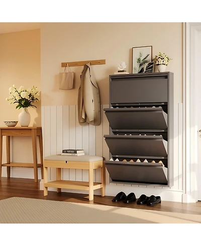 31.5x6x54 in 4-Tier Flip Shoe Cabinet, Metal Entryway Storage Organizer with Doors, Narrow Slim Design for Hallway Living Room, Grey/White