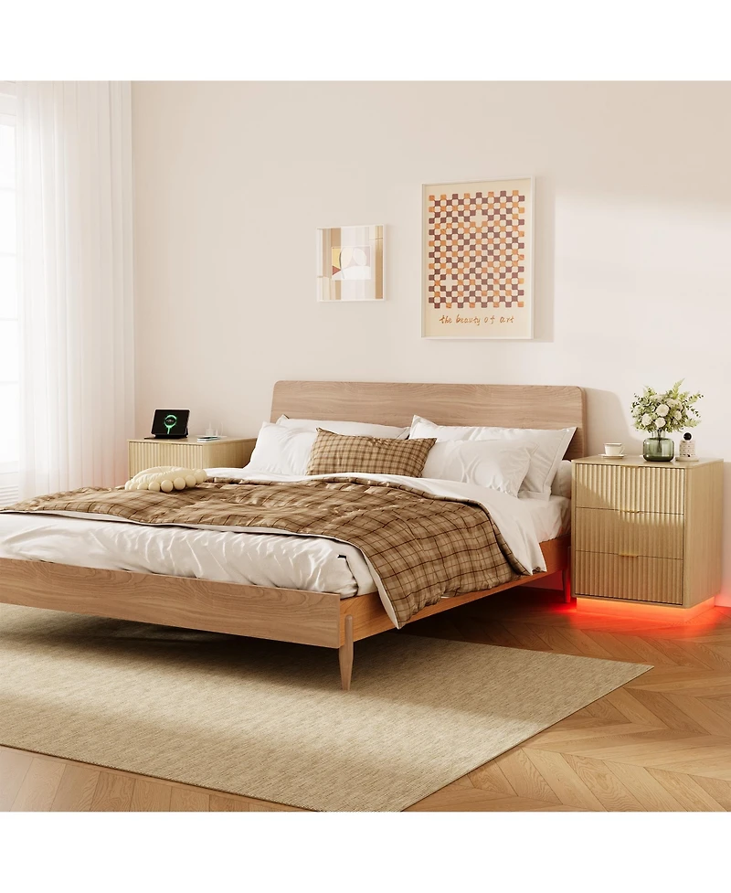 Set of 2 Light Oak Fluted Nightstands with Charging Station and Led Light, 3 Drawers