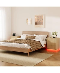 Set of 2 Light Oak Fluted Nightstands with Charging Station and Led Light, 3 Drawers