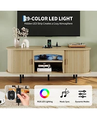 55"Fluted Tv Stand TVs Up to 65", Century Media Console Led Lights and Power Outlet, Center Storage, Sliding Door Adjustable Shelf for Living Room