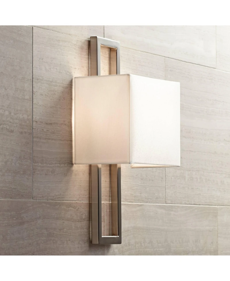 Possini Euro Design Modern Wall Light Sconces Set of 2 Brushed Nickel Hardwired 9 1/2" Fixture Silvery Faux Silk Shade for Bedroom