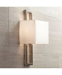 Possini Euro Design Modern Wall Light Sconces Set of 2 Brushed Nickel Hardwired 9 1/2" Fixture Silvery Faux Silk Shade for Bedroom