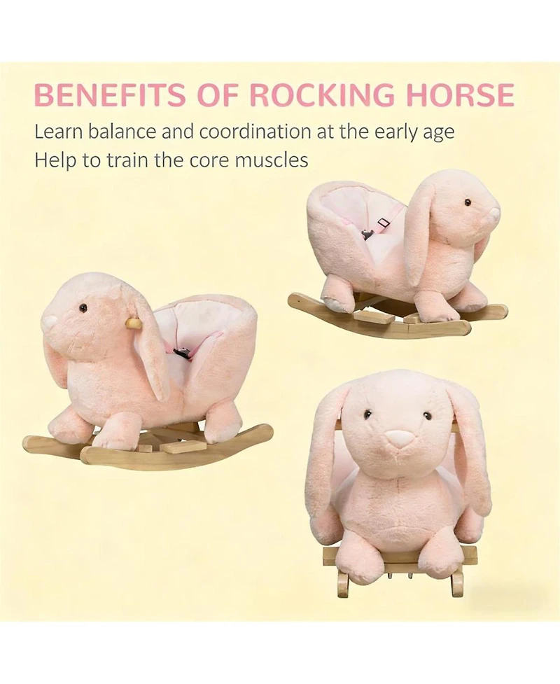 Yobtop Bunny Rocking Horse - Rabbit Wooden Plush Ride-on Toy with Sound Button, Seat Belt and Handlebars, Solid Steel Frame