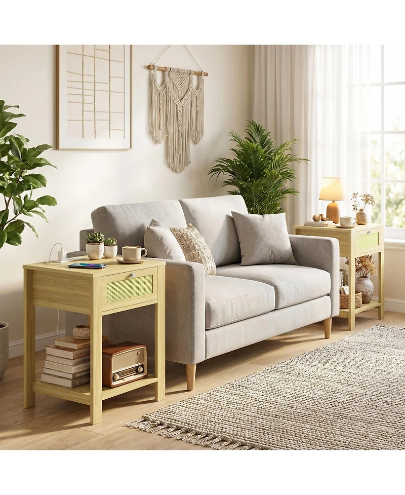 Homcom End Table Set of 2 with Charging Station, Bed Side Tables, Natural