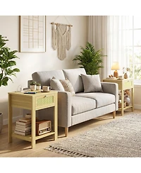 Homcom End Table Set of 2 with Charging Station, Bed Side Tables, Natural