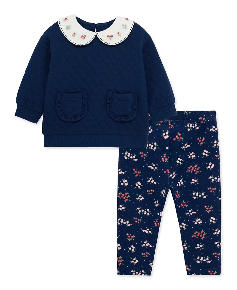 Little Me Baby Girls' White Collar Sweatshirt and Floral Leggings, 2-Piece Set