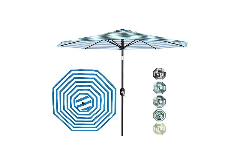 homfan 9 Feet Patio Umbrella, Outdoor Market Umbrella with Push Button Tilt and Crank, 8-Rib Iron Frame, Stripe