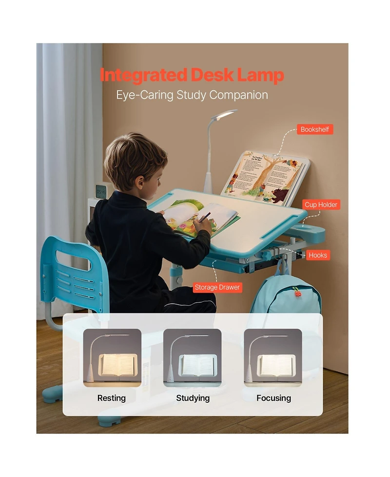 Sugift Adjustable Height Kids Study Desk and Chair Set with Table Lamp and 0-40degree(s) Tilted Desktop