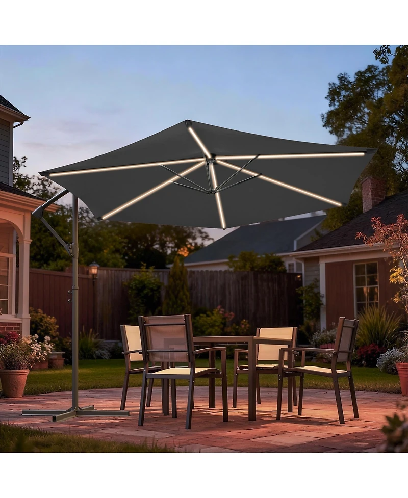 Sonkuki 10 Feet Outdoor Patio Hanging Offset Cantilever Umbrella with Solar Led Lights Cross Base