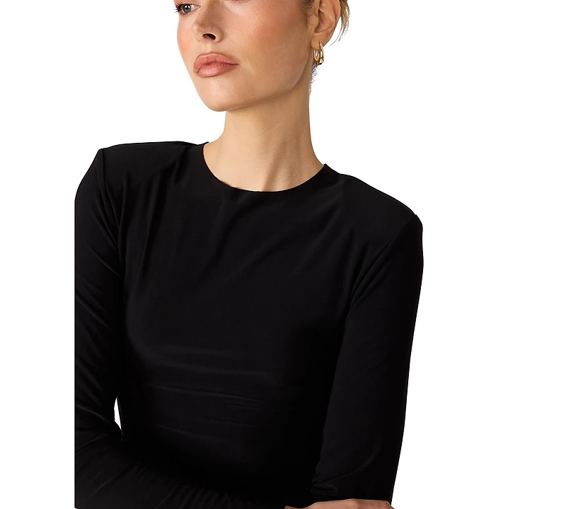 Steve Madden Women's Seline Long-Sleeve Padded Shoulder Crewneck Top