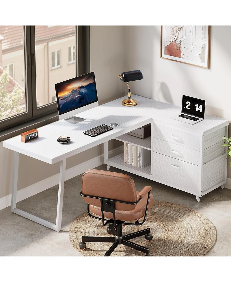 Tribesigns 53" L-Shaped Desk with 3 Drawers and Shelves
