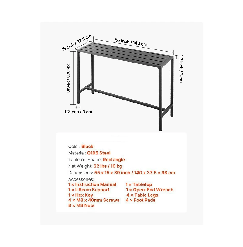 Slickblue 55x15in Patio Bar Table with Sturdy Metal Frame for Indoor Outdoor Use