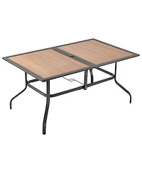 Slickblue Rectangular Outdoor Dining Table for 4-6 People, Wood-Look Steel Patio Table with Umbrella Hole