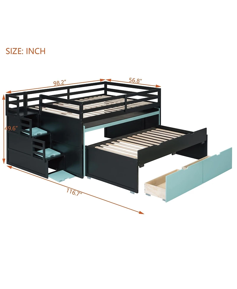 Clihome Full Xl Loft Bed with Pull-Out Desk and Twin Trundle, Multi-Functional Bunk 2 Storage Drawers Steps