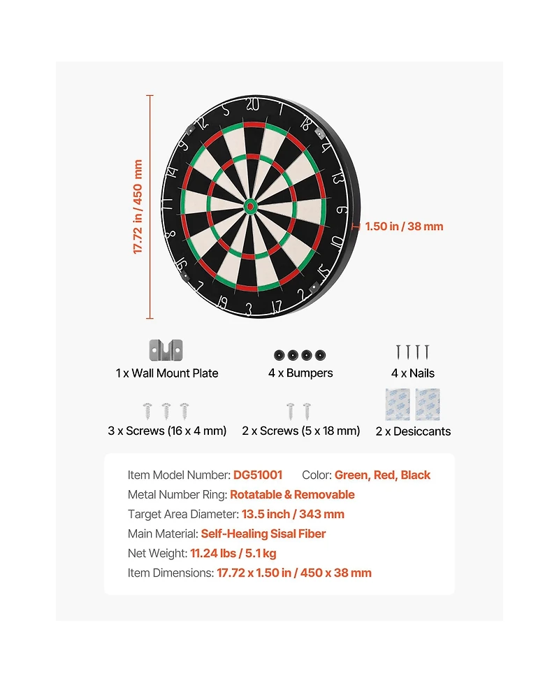 Sevorley Self-Healing Sisal Dartboard, 17.7 inch Professional Bristle Dartboard with Staple-Free Bullseye