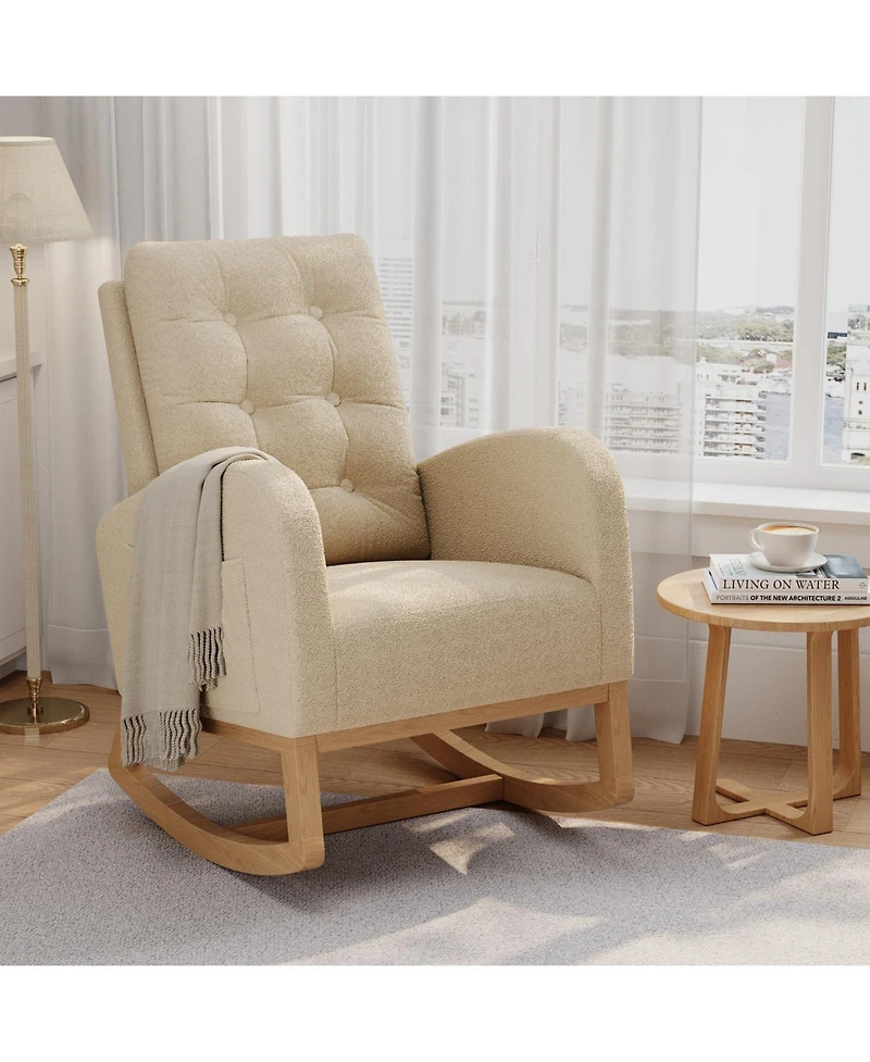 homfan Nursery Rocking Chair Modern Ergonomic High Back with Adjustable Footrest Soft Fleece Upholstered Sturdy Wooden Legs Glider Armchair