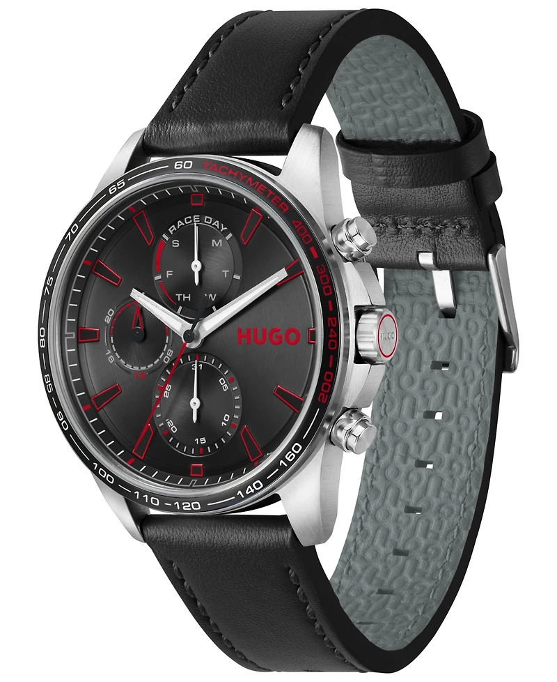 Hugo Boss Men's Drift Quartz Multi Black Calfskin Leather Watch 43mm