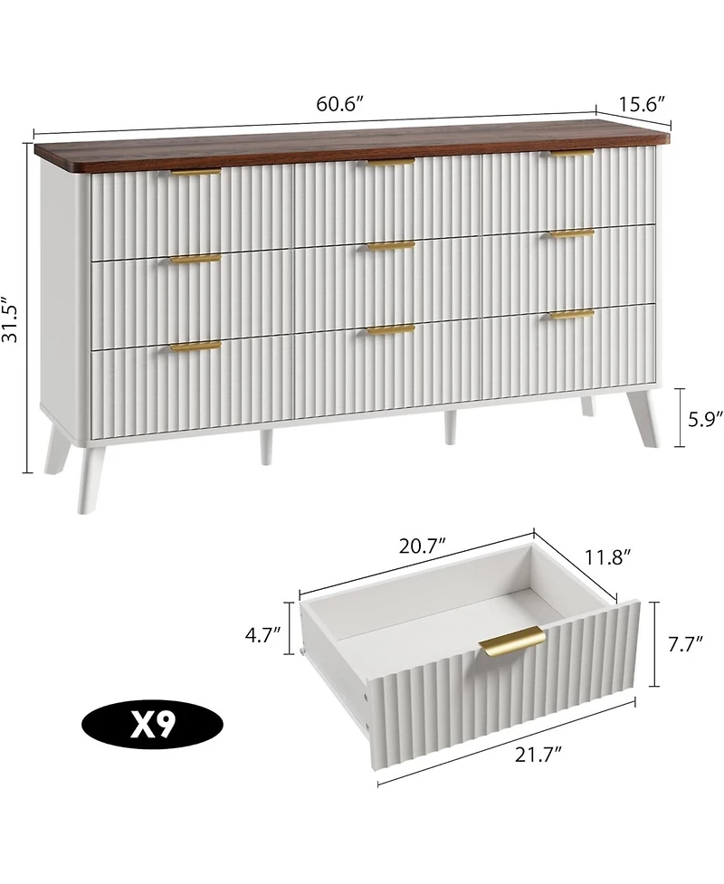 homfan Fluted 9-Drawer Dresser Chest, 60.6 Inch Modern Storage Cabinet with Deep Drawers, Multi-Purpose Tv Stand Organizer for Bedroom, Living Room