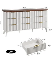 homfan Fluted 9-Drawer Dresser Chest, 60.6 Inch Modern Storage Cabinet with Deep Drawers, Multi-Purpose Tv Stand Organizer for Bedroom, Living Room