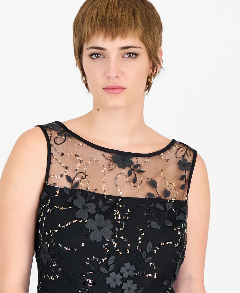 Connected Women's Floral-Print Sequin Boat-Neck Sheath Dress