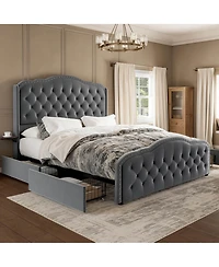 Hausource Velvet Wingback Upholstered Full Platform Bed, 4 Underbed Storage Drawers and 2 Retractable Side Tables, No Box Spring Required