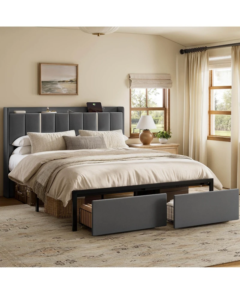 Hausource Upholstered Bed, Open Storage Headboard with Charging Ports, 2 Bed Base Drawers