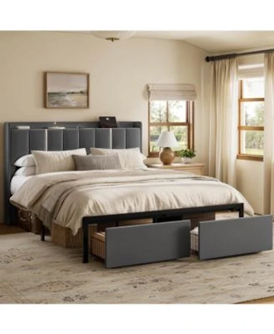 Hausource Upholstered Bed Open Storage Headboard With Charging Ports 2 Bed Base Drawers No Box Spring Needed
