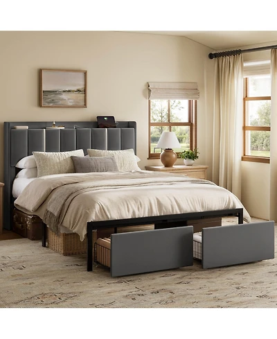 Hausource Upholstered Bed, Open Storage Headboard with Charging Ports, 2 Bed Base Drawers, No Box Spring Needed