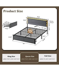 Hausource Velvet Upholstered Bed, Adjustable Height Headboard, 2 Storage Drawers, Led Light and Charging Ports