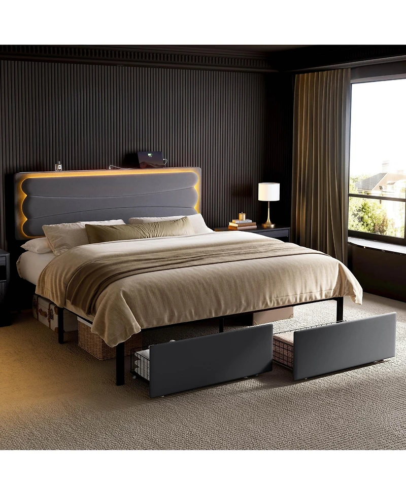 Hausource Velvet Upholstered Bed, Adjustable Height Headboard, 2 Storage Drawers, Led Light and Charging Ports