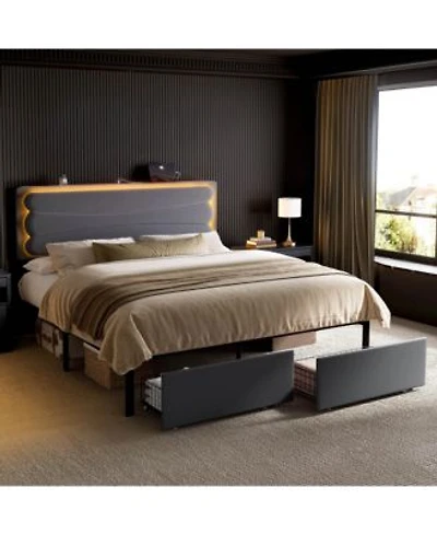 Hausource Velvet Upholstered Bed Adjustable Height Headboard 2 Storage Drawers Led Light Charging Ports No Box Spring Needed