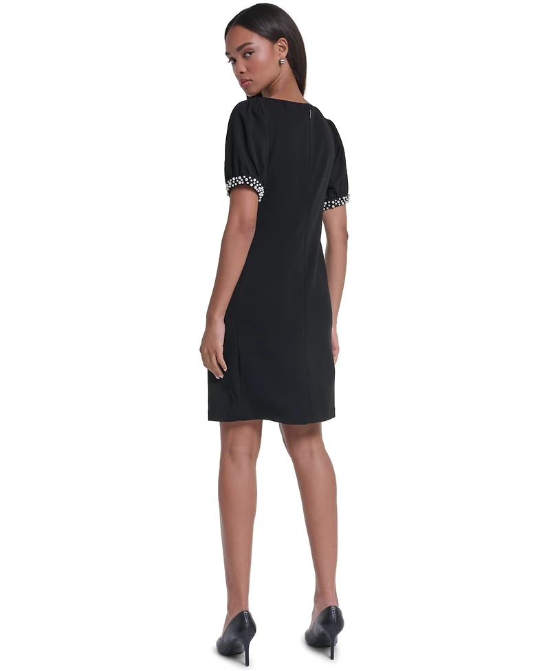 Karl Lagerfeld Paris Women's Boat Neck Sheath Dress With Pearl Sleeve Cuff