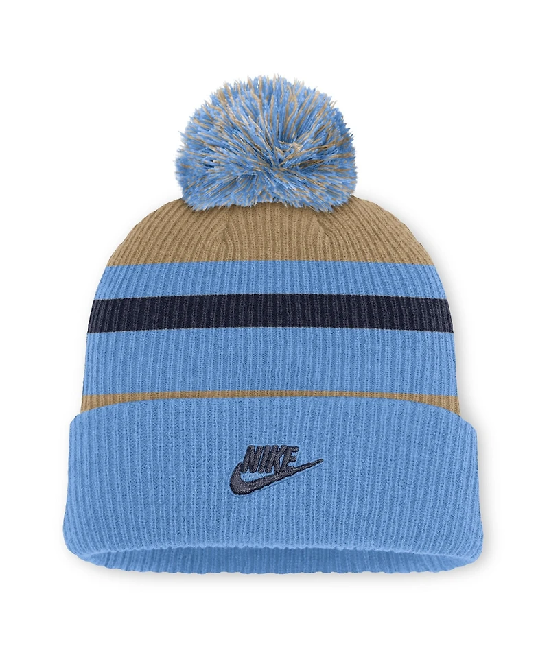 Men's and Women's Nike Carolina Blue/Beige North Carolina Tar Heels Legacy Striped Cuffed Knit Hat with Pom