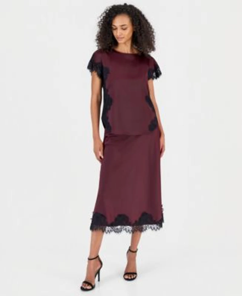 Anne Klein Womens Short Sleeve Lace Trim Top Pull On Lace Trim Midi Skirt