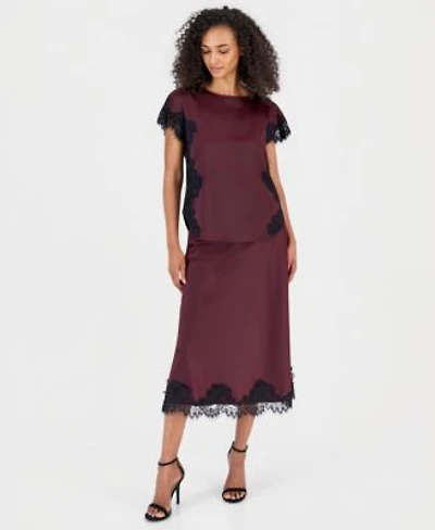 Anne Klein Womens Short Sleeve Lace Trim Top Pull On Lace Trim Midi Skirt