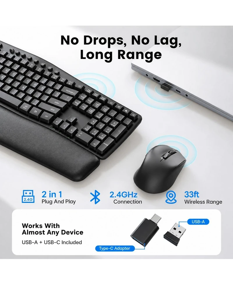 Lofree Wireless Keyboard Mouse Set Quiet Ergonomic Wave Design Leather Wrist Rest Productivity Shortcuts
