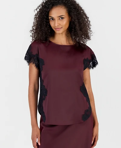 Anne Klein Women's Short-Sleeve Lace-Trim Satin Top