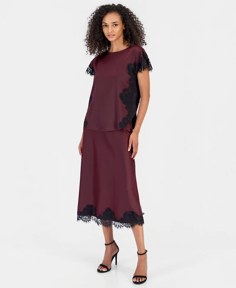 Anne Klein Women's Short-Sleeve Lace-Trim Satin Top