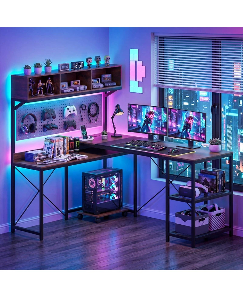 Sugift 62-Inch L-Shaped Computer Desk with Power Outlets and Storage Hutch