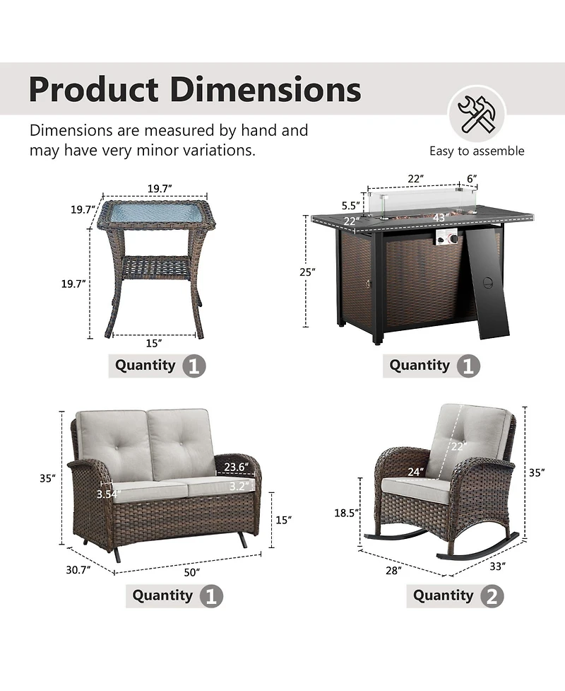 Bellefurn 5-Piece Outdoor Wicker Fire Pit Conversation Set for Cozy Backyard Evenings with Glider Loveseat and Rocking Chairs