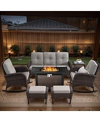 Bellefurn 7-Piece Outdoor Wicker Nighttime Conversation Set for Family Gatherings and Cozy Backyard Nights with Sofa, Rocking Chairs Ottomans