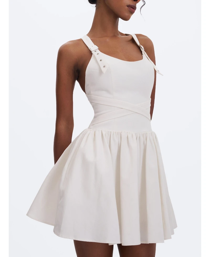 Miss Circle Women's Francine White Cotton Denim Crossover Strap Mini Dress