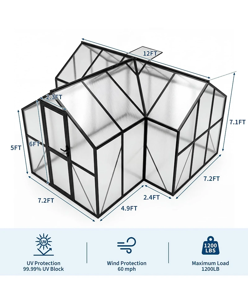 12 x 12 ft Aluminum Frame Polycarbonate Greenhouse, Walk-In Plant House with Door and Windows for Backyard Garden Patio, Black