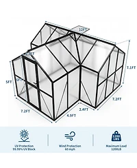 12 x 12 ft Aluminum Frame Polycarbonate Greenhouse, Walk-In Plant House with Door and Windows for Backyard Garden Patio, Black