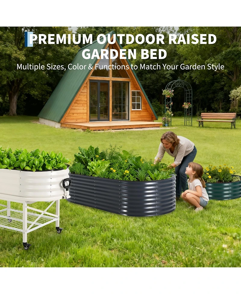 Oval Raised Garden Bed with Pvc Cover, Elevated Planter Box for Vegetables Herbs Patio Balcony, Green/Grey