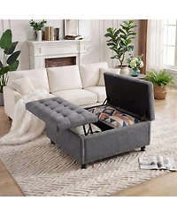 35in Square Storage Ottoman Bench with Flip-Up Seat, Linen Fabric Upholstered Bed Bench with Hidden Storage, Rubberwood Legs, Gray