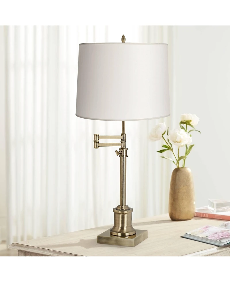 360 Lighting Swing Arm Desk Table Lamp 36" Tall Antique Brass Hardback Drum Shade for Living Room Bedroom Nightstand Office Family